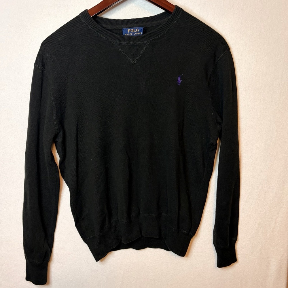 Polo Ralph Lauren Black Cotton‎ Crewneck Sweater Purple Pony Logo Size Medium